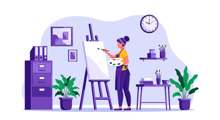 Adobe illustrator flat style illustration of a woman painting a portrait sketch on a canvas with a brush and palette in a cozy art studio. Ideal for art and hobby theme