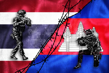 Grunge flags of Thailand and Cambodia divided by barb wire illustration