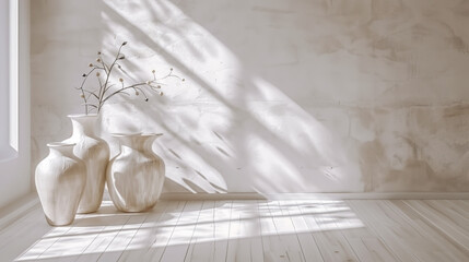 Sunlit Minimalist Interior with Decorative Ceramic Vases and Textured Wall.