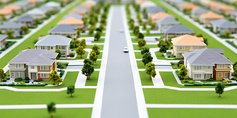 Suburban Dream: Rows of charming houses line a street, creating a harmonious neighborhood scene. Miniature architecture shows idyllic community living.