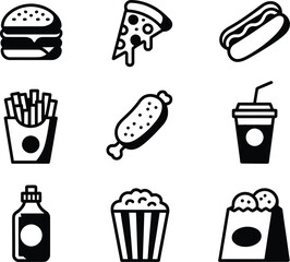 Collection of hand drawn fast food icons in black and white
