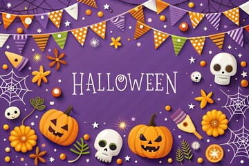 A festive halloween purple background adorned with pumpkins, skulls, spiderwebs, and colorful banners