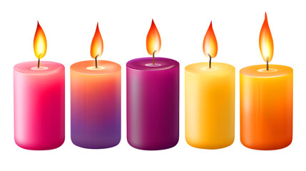 Five lit candles in various colors with glowing flames for festive and celebratory themes