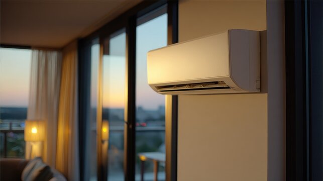 Air conditioner unit mounted on wall with balcony view - Powered by Adobe