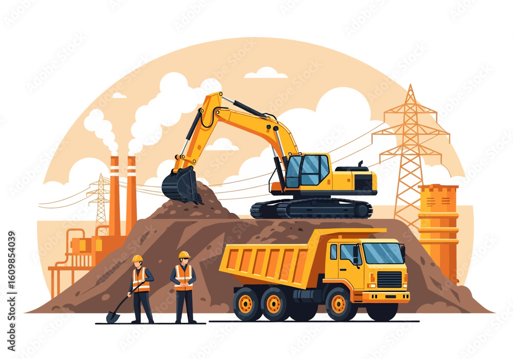 Wall mural adobe illustrator flat style illustration of a large coal mining operation with an excavator loading