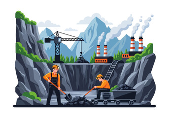 Adobe illustrator flat style illustration of a massive coal mining operation with an excavator, dump truck, a worker, and a factory with smokestacks. Ideal for heavy industry mining  themes