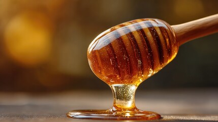 Honey dipper with honey on wooden surface close-up