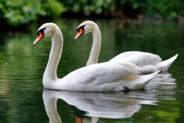 Obraz premium Elegant swans gracefully gliding across a serene pond in lush greenery