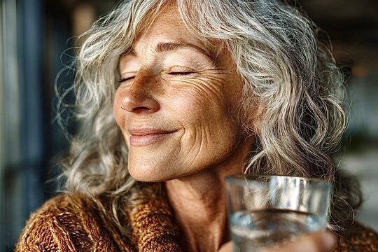 Senior woman enjoying a glass of fresh water with eyes closed