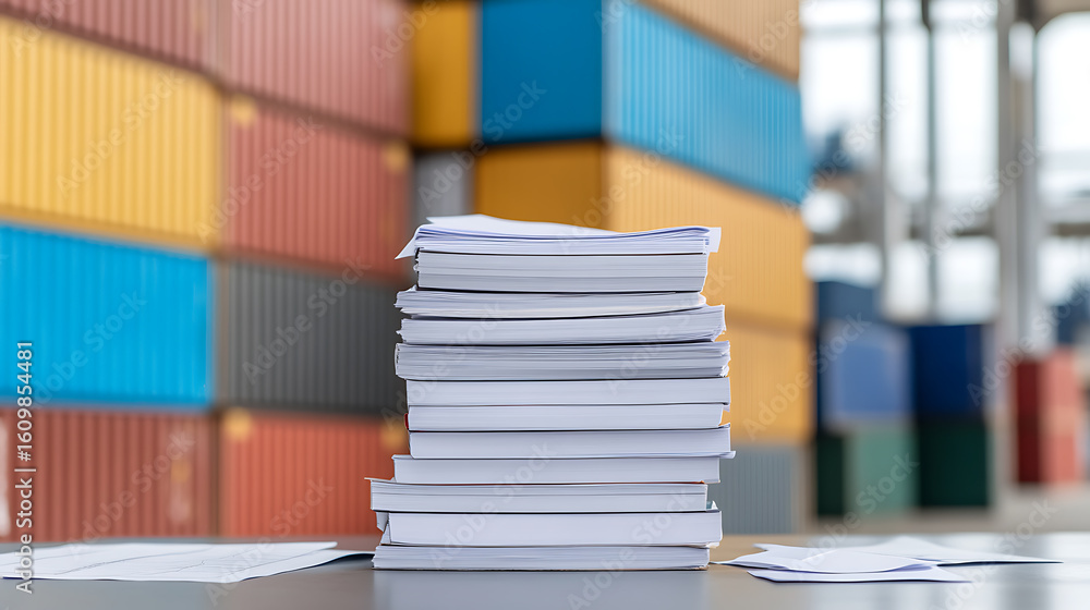 Poster stack of documents in a shipping yard. paperwork and logistics concepts are both represented. office