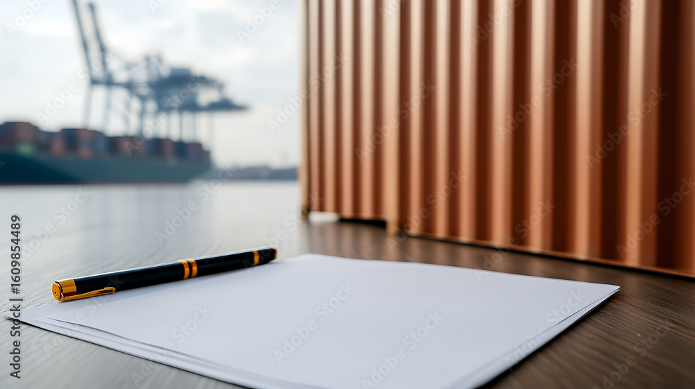 Poster blank sheet with pen on dock: a blank sheet of paper and pen rest on a dock with a ship in the backg