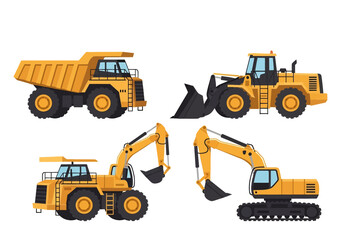 Adobe illustrator flat style illustration set of four heavy construction vehicles: dump trucks (front and side view), a wheel loader,  excavator. Ideal for construction, mining, and machinery themes