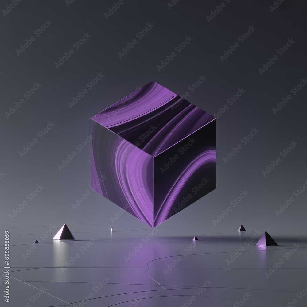 Poster a levitating cube with a swirling purple agate pattern above small pyramids