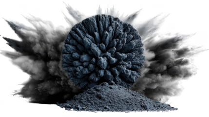 A dark blue and grey powder explosion with a central spherical mass and pile of dust isolated on white isolated on transparent background