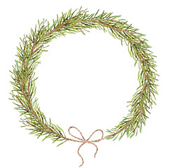 Watercolor hand painted illustration of a rustic Christmas wreath made of pine branches and a simple rope bow. Isolated on white. Perfect for greeting cards, winter invitations, and festive prints.