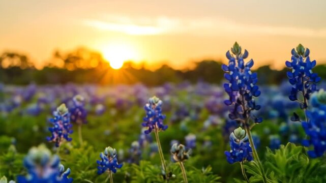 Sunset Over Bluebonnet Field In Texas