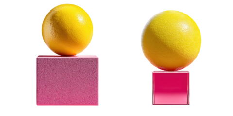 Two bright yellow lemons balanced on pink glitter and glossy cubes, isolated on a transparent background