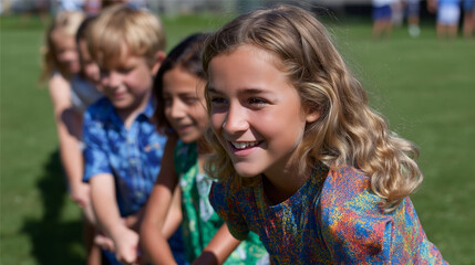 Fototapeta premium Joyful Kids Engaged in Tug of War on a Lush Summer Field