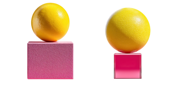 Two bright yellow lemons balanced on pink glitter and glossy cubes, isolated on a transparent background