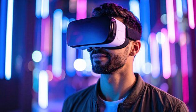 Man Immersed in Virtual Reality Neon Cityscape