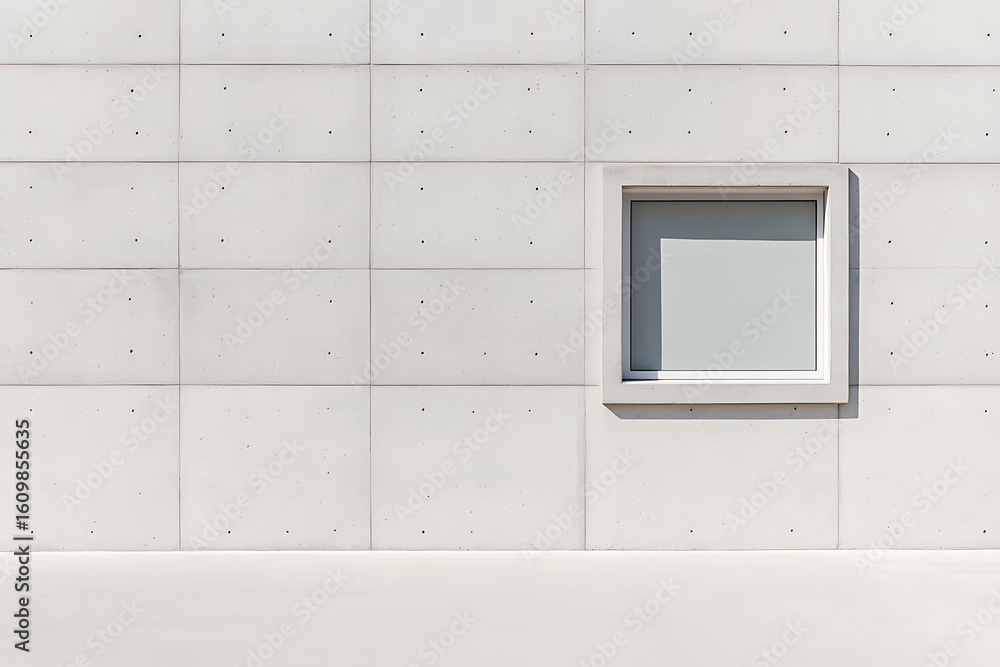 Poster minimalist architecture featuring a square window set in a textured concrete wall, bathed in soft, n
