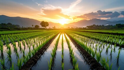 Serene Rice Paddy at Sunset: Reflections of Golden Light on Tranquil Water
