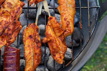 Marinated chicken fillets on skewers grilling over hot charcoal at a summer barbecue cookout.