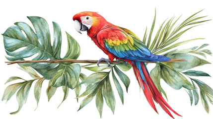 Tropical parrot perched on monstera and palm leaves, watercolor exotic frame, isolated on transparent background 