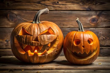 Two carved halloween pumpkins with glowing faces sit on a rustic wooden surface