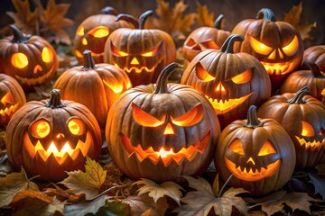 A collection of carved jackolanterns with glowing, scary faces are arranged on the ground amidst fallen autumn leaves, creating a festive halloween scene