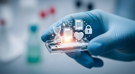 Medical data storage security dna research health information on usb drive with gloved hand protection