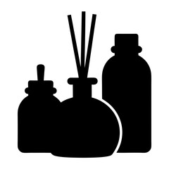Silhouette of Aromatherapy and Diffuser Bottles, Black silhouette illustration of various aromatherapy containers, including diffuser sticks and dropper bottles, for spa or wellness concepts.
