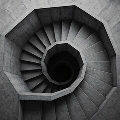 Fototapeta premium Brutalist staircase captured from above – spiral symmetry and concrete textures in monochrome