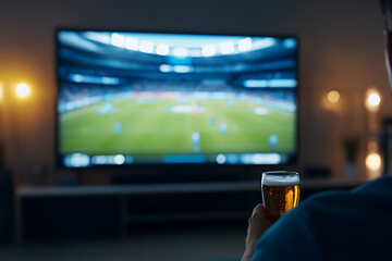 Fototapeta premium Enjoying a game on TV with a refreshing beverage, creating a cozy and immersive viewing experience in the comfort of your home.