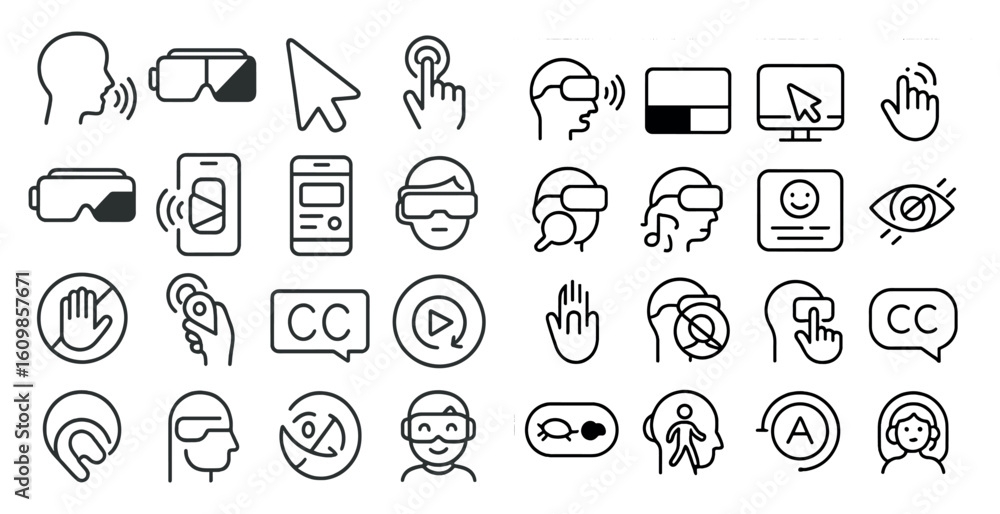 Poster collection of icons for various devices and functions. the icons include a person wearing a pair of 
