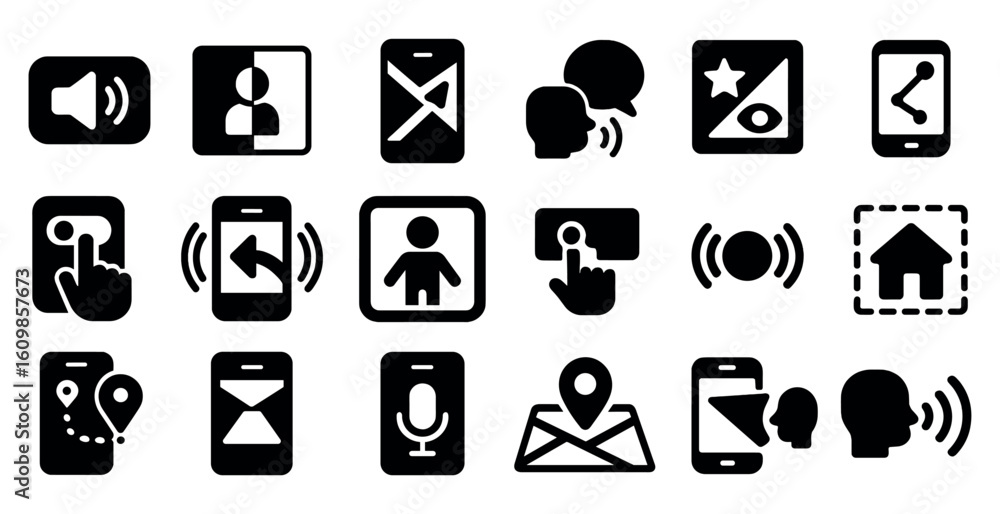 Poster collection of icons for various devices and functions. the icons include a phone, a camera, a microp
