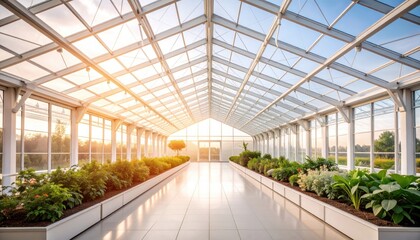 Sunlit Greenhouse Interior with Lush Plants and Geometric Glass Roof Structure