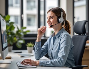 Young caucasian female customer service representative using headset in modern office