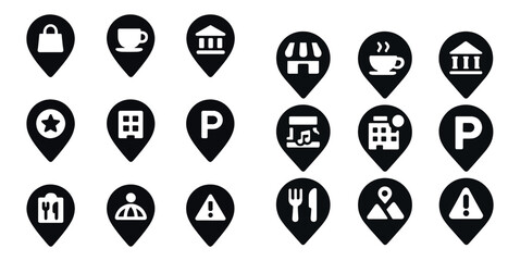 Set of icons for various locations, including a coffee shop, a bank, and a parking garage