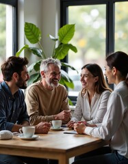 Fototapeta premium Group of diverse adults enjoying coffee and conversation in bright modern cafe