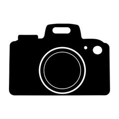 Simple black and white icon of a modern digital camera silhouette