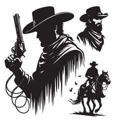 Silhouette of a Cowboy on Horseback at Sunset

Western Cowboy Silhouette Against Dramatic Sky

Cowboy Riding Horse – Vintage Wild West Silhouette

Lone Cowboy Silhouette with Hat and Lasso

