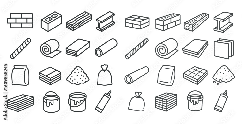 Poster collection of various construction materials and tools are shown in a line drawing. concept of organ