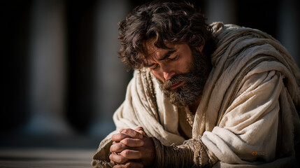 David kneels in grief beside a marble column, robes torn, face in hands, crown fallen. Sunset shadows stretch across the palace chamber—grief overwhelming the king in silence...
