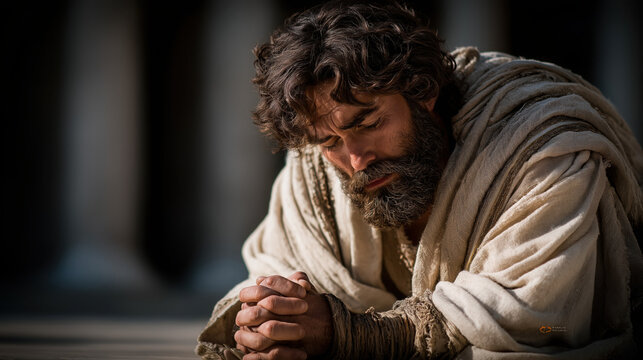 David kneels in grief beside a marble column, robes torn, face in hands, crown fallen. Sunset shadows stretch across the palace chamber&mdash;grief overwhelming the king in silence...