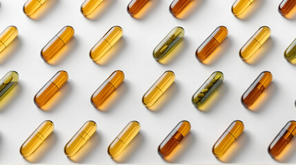 Multiple vitamin capsule designs in varying amber, green, and clear hues arranged in a neat row on a textured white background with clean typography space for nutraceutical product labeling