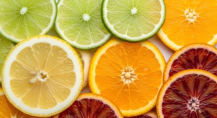 Fresh citrus fruit slices lemon lime orange and blood orange vibrant and juicy close up healthy eating concept
