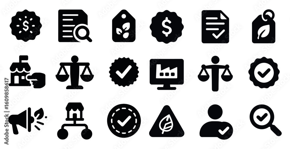 Poster collection of black and white icons that represent various concepts and ideas. the icons include a s