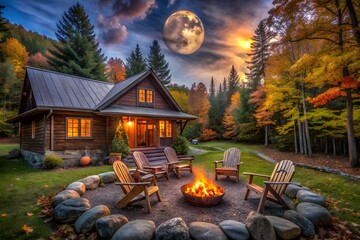A rustic log cabin with a fire pit and chairs sits in a colorful autumn forest at dusk
