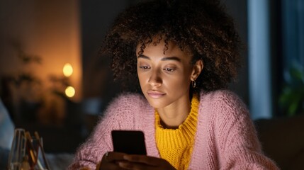 Customer Evaluates Scammer Reviews on Smartphone in Cozy Evening Setting With Soft Background Light
